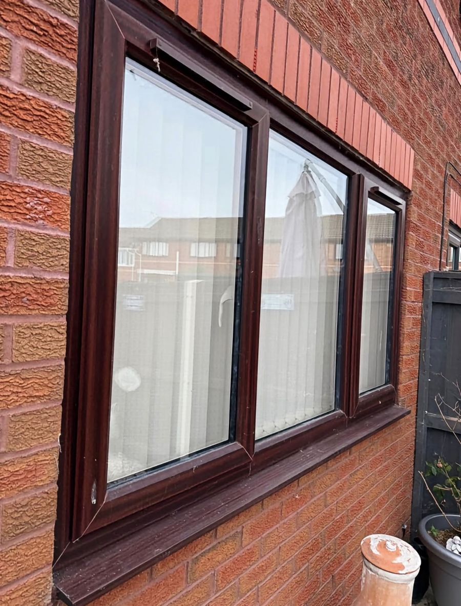 Dusty window frames and sill before cleaning